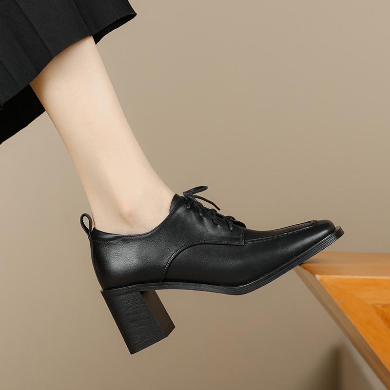 Fashion Mature Dress Women Pumps Fashion Office Ladies Thick Heels Square Toe Genuine Leather Lace-Up Shoes Woman 2025 New Spring Autumn