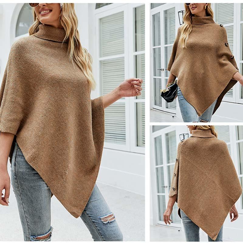 Women's Fall and Winter Shawl Cape Sweater Solid Color Turtleneck Knit Jacket