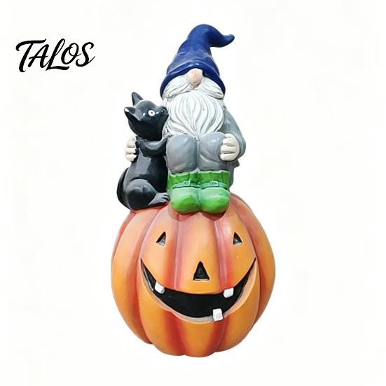 Hand Painted Yard Decor Halloween Gnome Outdoor Garden Statue, Resin On Pumpkin Figurine with Autumn Home Accents Black Cat, Fall Dwarf Sculpture for