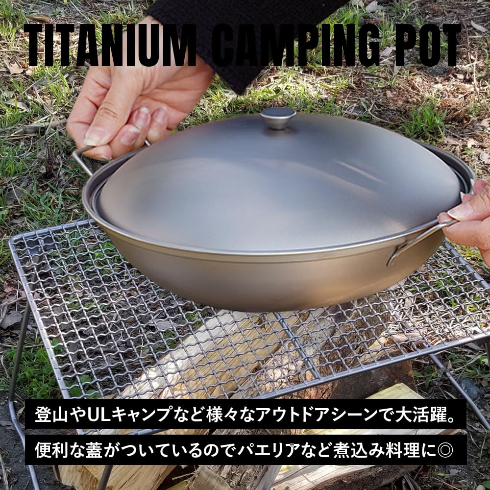 TITAN MANIA Campfire Pot with Lightweight Direct Flame with Cookware (Titanium Mania) Lid, Titanium, Compatible, Handle, Double-Handled Pot, Wok,