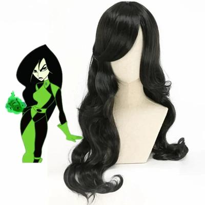 Peluca de Cosplay de Shego de Anime 80 cm de Largo Ondulada Rizada Peluca Negra Pelos de Cosplay Pelucas Sintéticas Resistentes al Calor