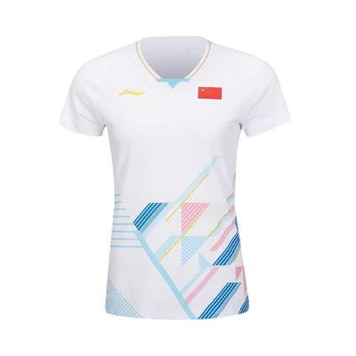Li Ning Youth Team Badminton Competition Eco-Friendly Quick-Dry Breathable Color-Block Short Sleeve T-Shirt Women Tops White AAYT582-3