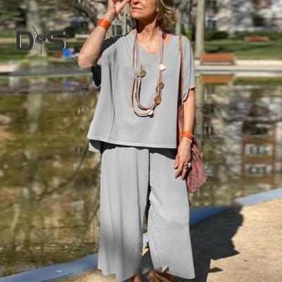 Ensemble 2 pièces pour femme, tenue d'été décontractée, t-shirt à manches courtes et col en V, coupe ample, pantalon large, couleur unie