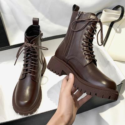 Kadınlar için Pu Deri Ayak Bileği Botları Sonbahar Motosiklet Botları Kadın Vintage Bağcıklı Botas Ayakkabılar