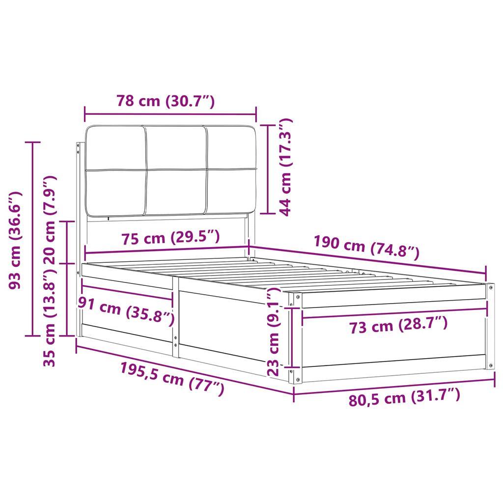 Bed Frame with Upholstered Headboard Light Grey 75 x 190 cm