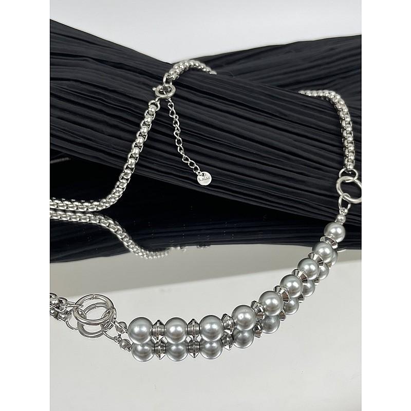 Stainless Steel Pearl Bead Necklace With Geometric Design For Men And Women