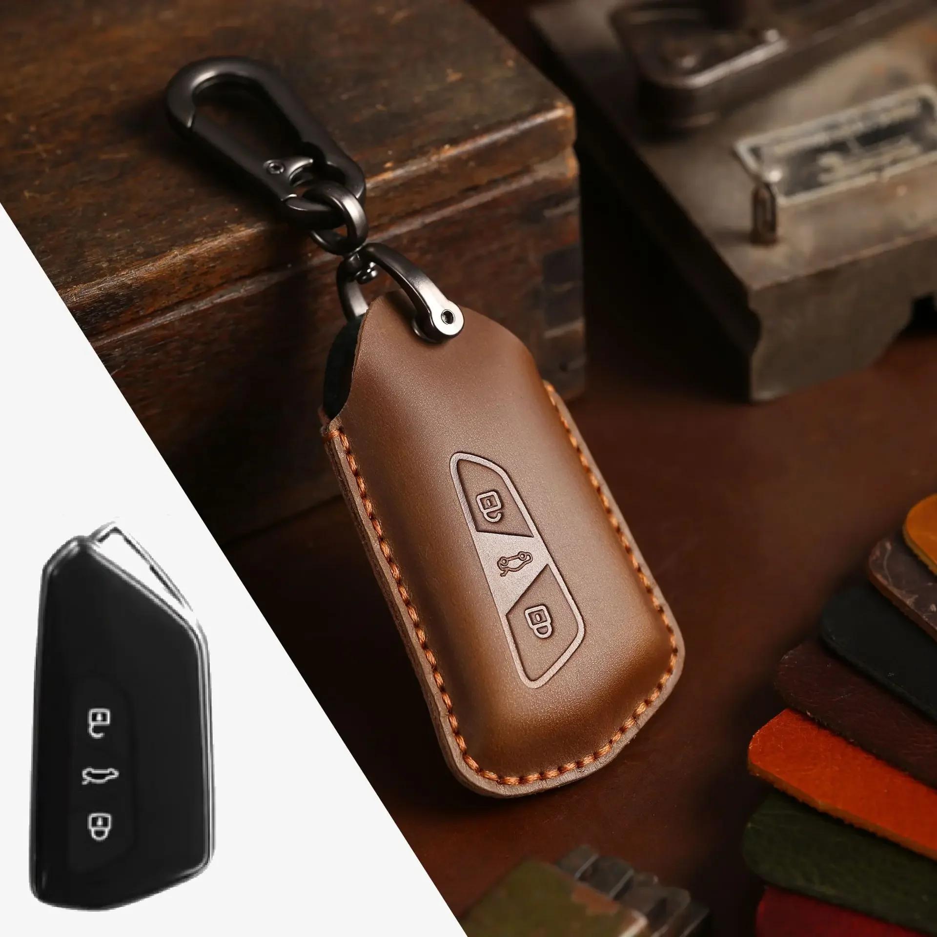

Leather Cases Protector Keychain accessories for VW Volkswagen Golf 8 Mk8 2020 Skoda Octavia 3button Remote Car Key Cover shell коричневый