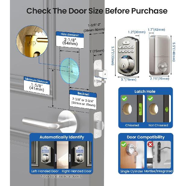 Veise Fingerprint Door Lock, Keyless Entry, Auto Lock, Electronic Keypad Deadbolt for Front Door, Biometric, Anti-Peeking Password, Easy Install,