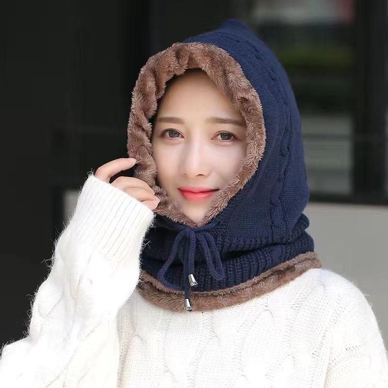 Women's Fleece Lined Thickened Winter Outdoor Cycling Wool Hat Windproof Cold Resistant One Piece Knitted Hat with Neck Protection