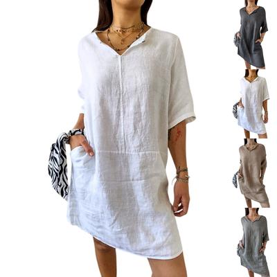 Women's Loose Casual Solid Color Linen Cotton V-neck Loose Casual Pocket Short Sleeve Dress