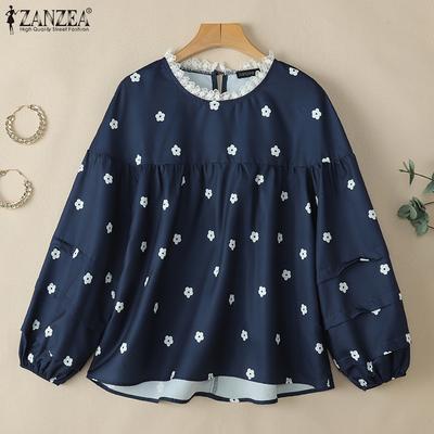 Women Lace Splice Round Neck Long Sleeve Casual Floral Blouse