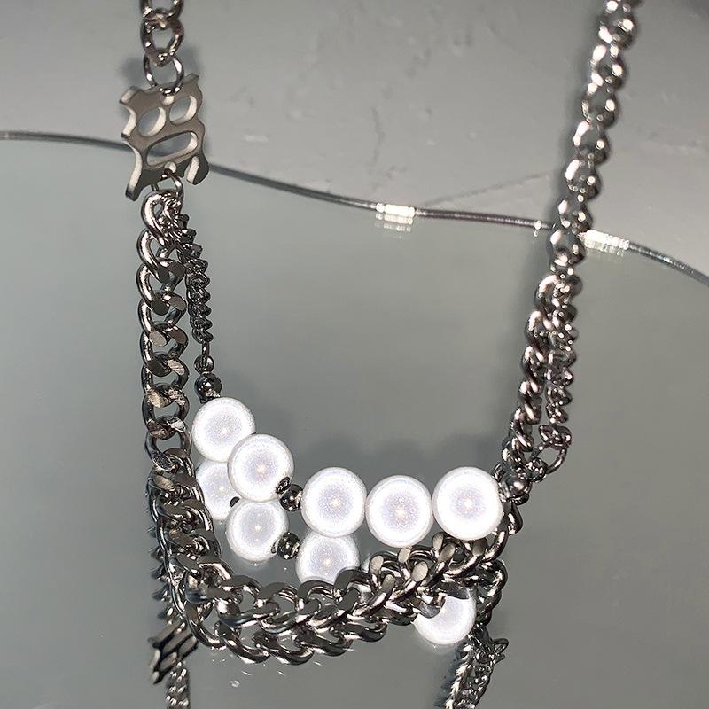 Reflective Pearl Necklace Summer Ins Hip Hop Accessories Double Stacked Cuban Chain Sweater Chain Titanium Steel Necklace