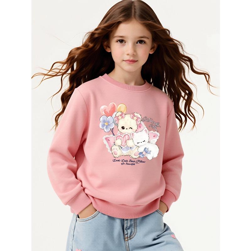 European sizes Girls' Soft Crewneck Sweatshirt with Cute Bear & Cat Pillow Print, Casual All-Match, Ideal Holiday Present