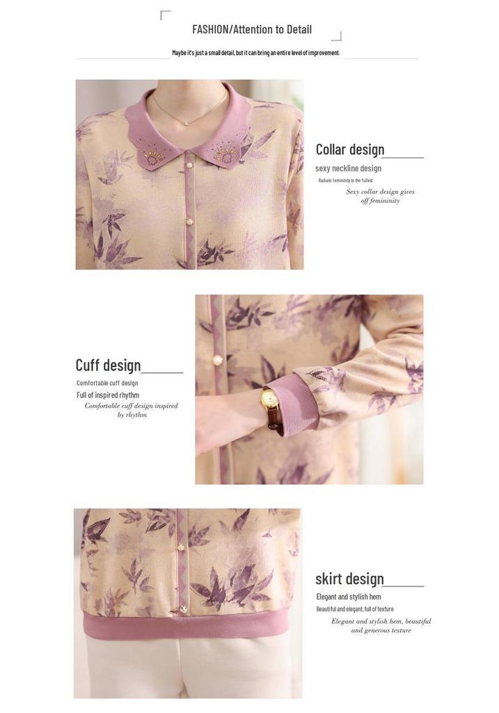 Elegant Floral Lapel Top for Middle-Aged Women - Long-Sleeved, Loose Knit, Pullover T-Shirt