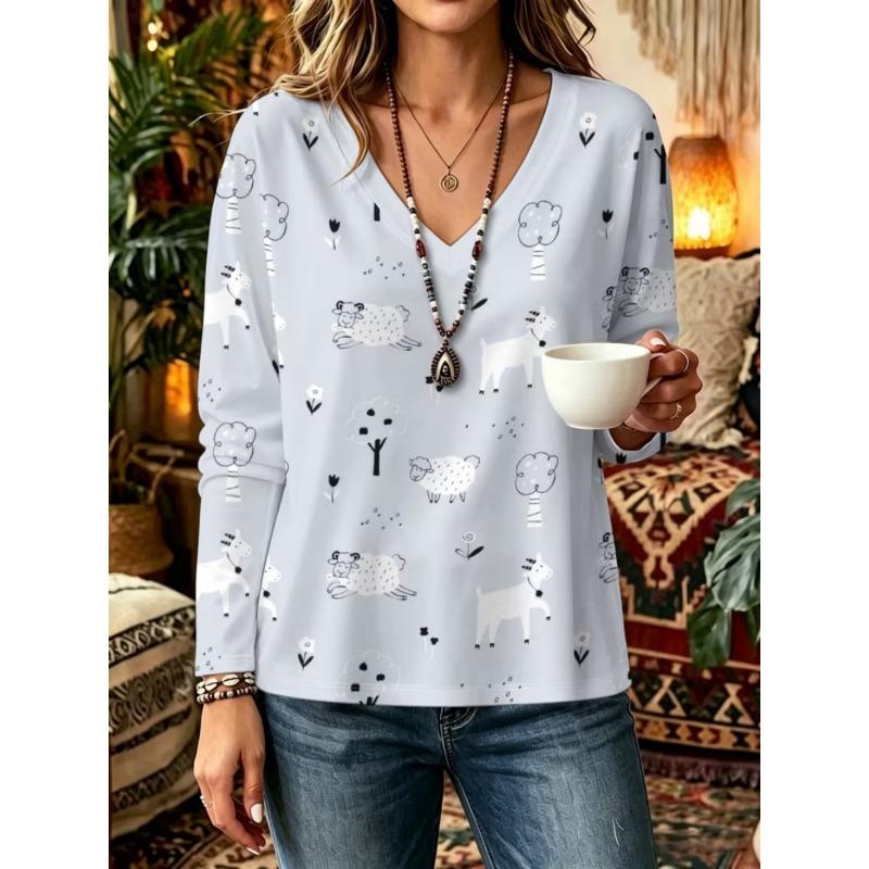 Autumn and Winter Women's Long-sleeved V-neck T-shirt