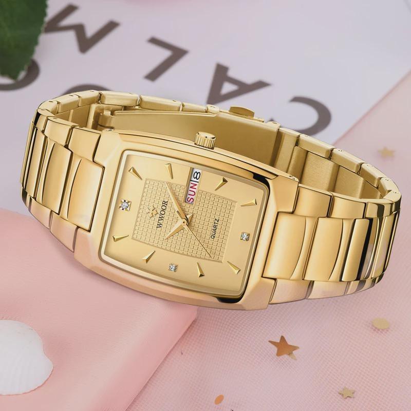 WWOOR Luxury Business Men Watches Gold Quartz Stainless Steel Sport Clock Waterproof Week and Date Wrist Watches