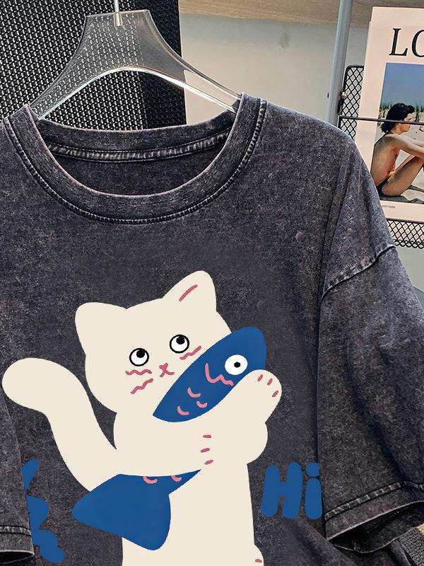 2026 Summer American Retro Men’s Washed Short Sleeve T-shirt - Trendy Loose Fit with Vintage Print