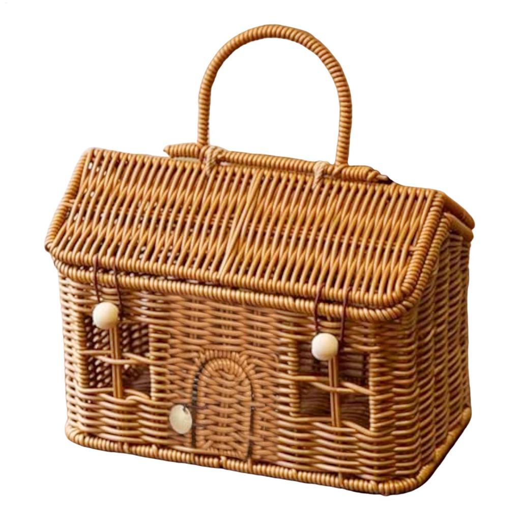 Cesto Decorativo a Forma di Casa in Rattan Sintetico 24x14x16cm con Coperchio Manico Intrecciato a Mano Organizer per Scaffale Decorazione per la Casa Cesti portaoggetti