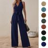 Women's Sleeveless V-Neck Jumpsuit with Tie Waist and Wide Leg In 8 Colors