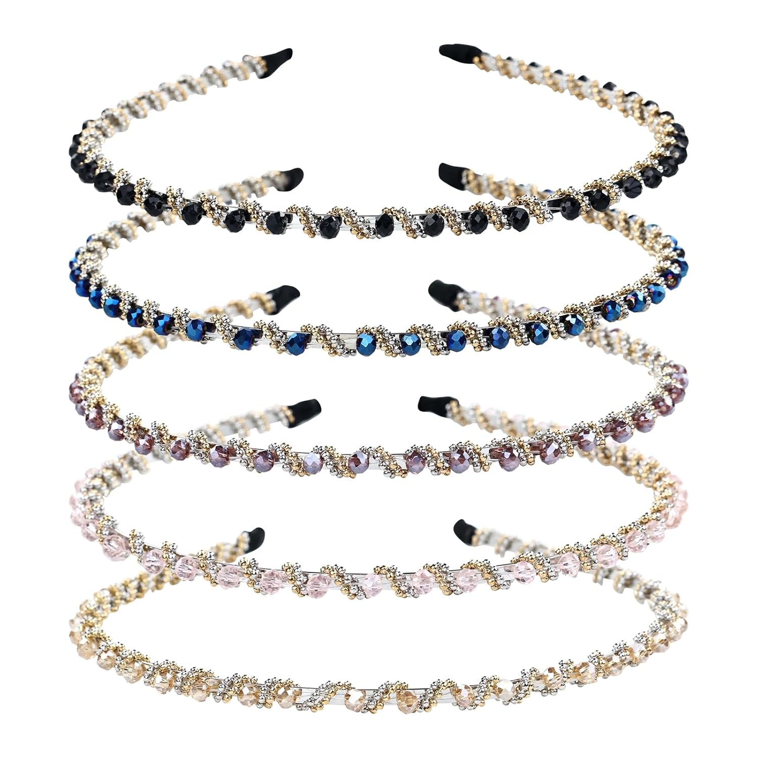 inSowni 5 Pieces Decorative Sparkly Bead Crystal Rhinestone Metal Thin Headbands Wedding Party Prom Hair Hoops Bands Accessories for Women Girls