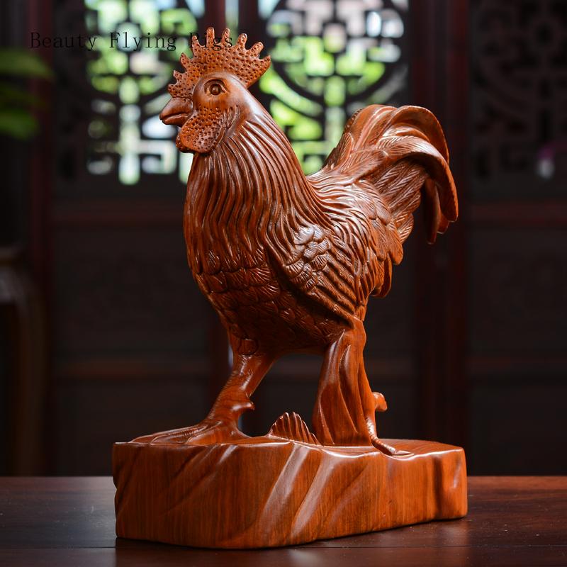 Chinese Classical Yellow Flower Pear Wood Carving Big Rooster Decoration Living Room Office Redwood Crafts Animal home decor