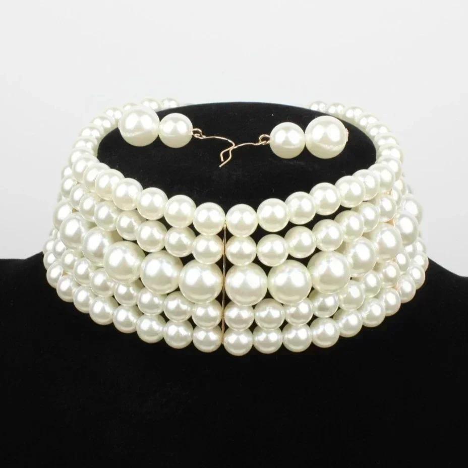 Women Summer Fashion Simple Multi-layer White Imitation Pearl Wide Bib Necklace Jewelry Charm Creative Gifts Jewerly Accessories