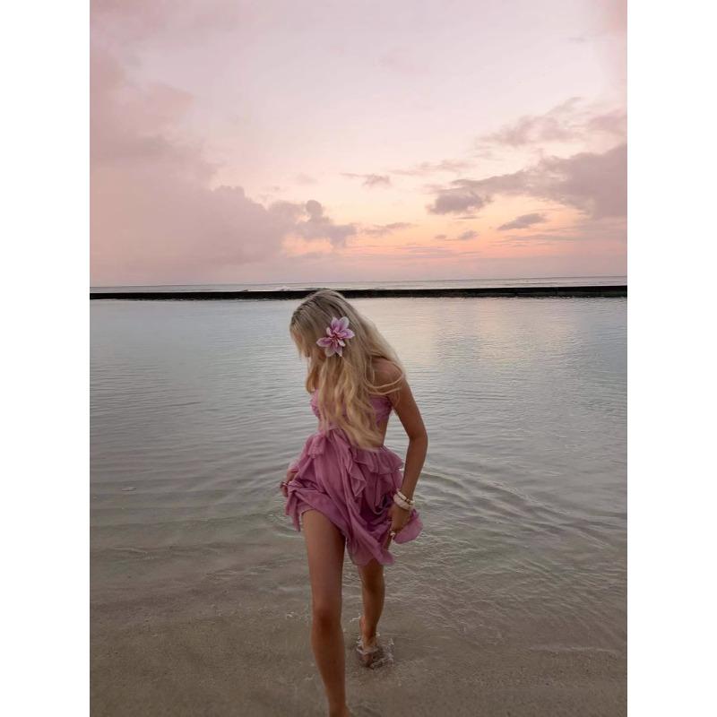Spring/Summer Corsage Lace Fashion Pleated Strapless Dress Beach Vacation Mini Dress