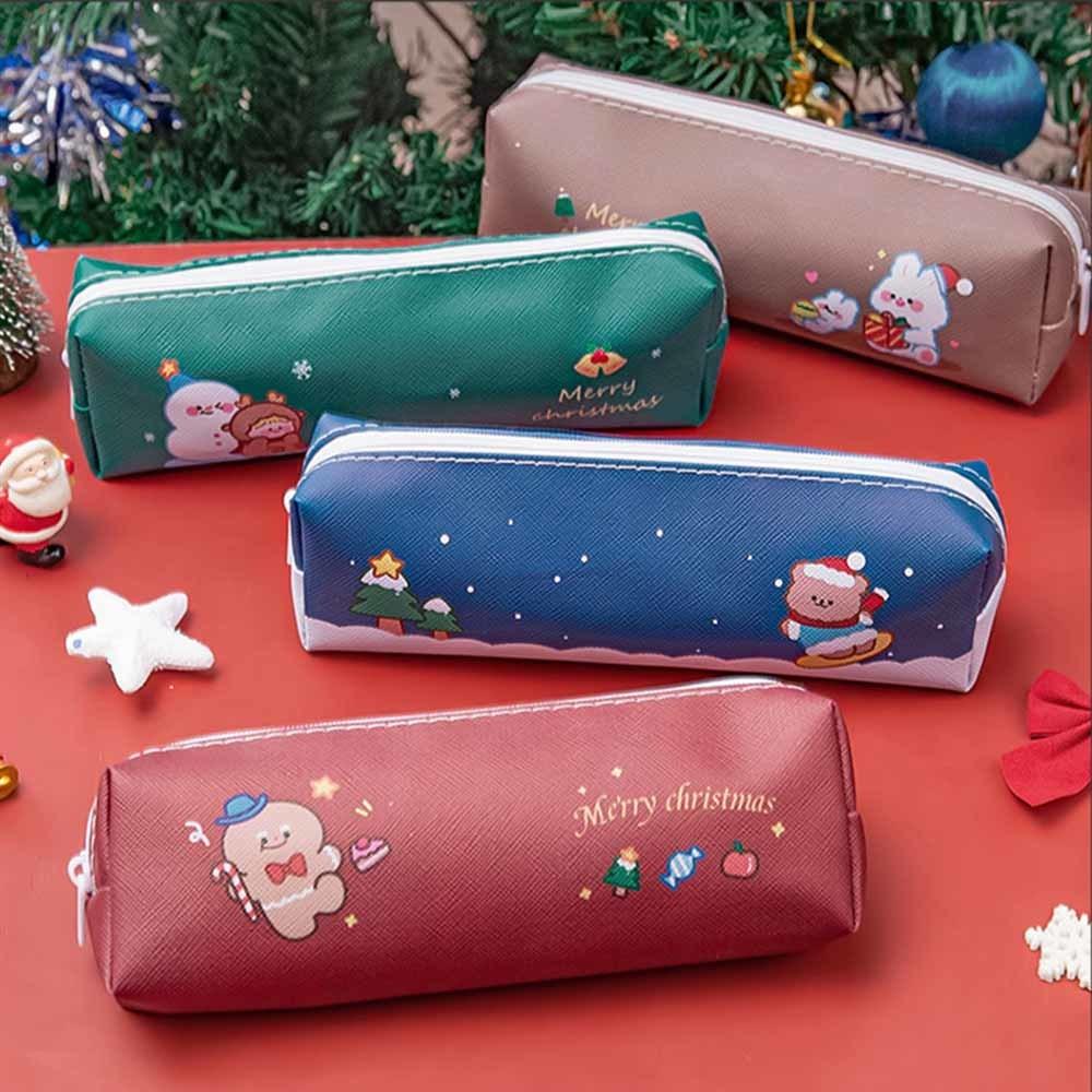 1 Piece Cute Cartoon Christmas Pencil Case Bag Key Chain Pu Large Capacity Coin Wallet Case Pouch Bag School Supplies Gift