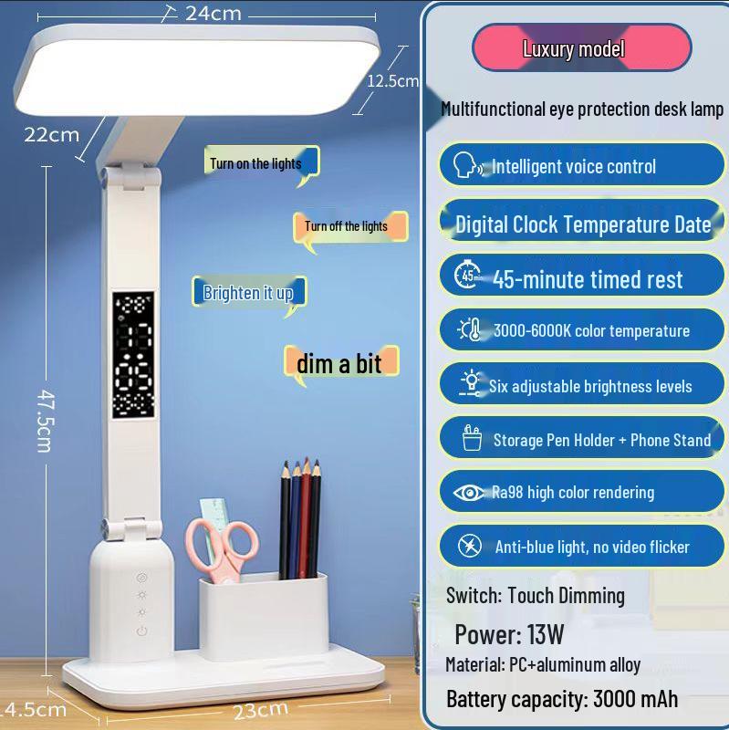

Перезаряжаемая и подключаемая настольная лампа для студентов с голосовым управлением и цифровым дисплеем, защита глаз, сертифицирована AA, специальное подарочное издание.