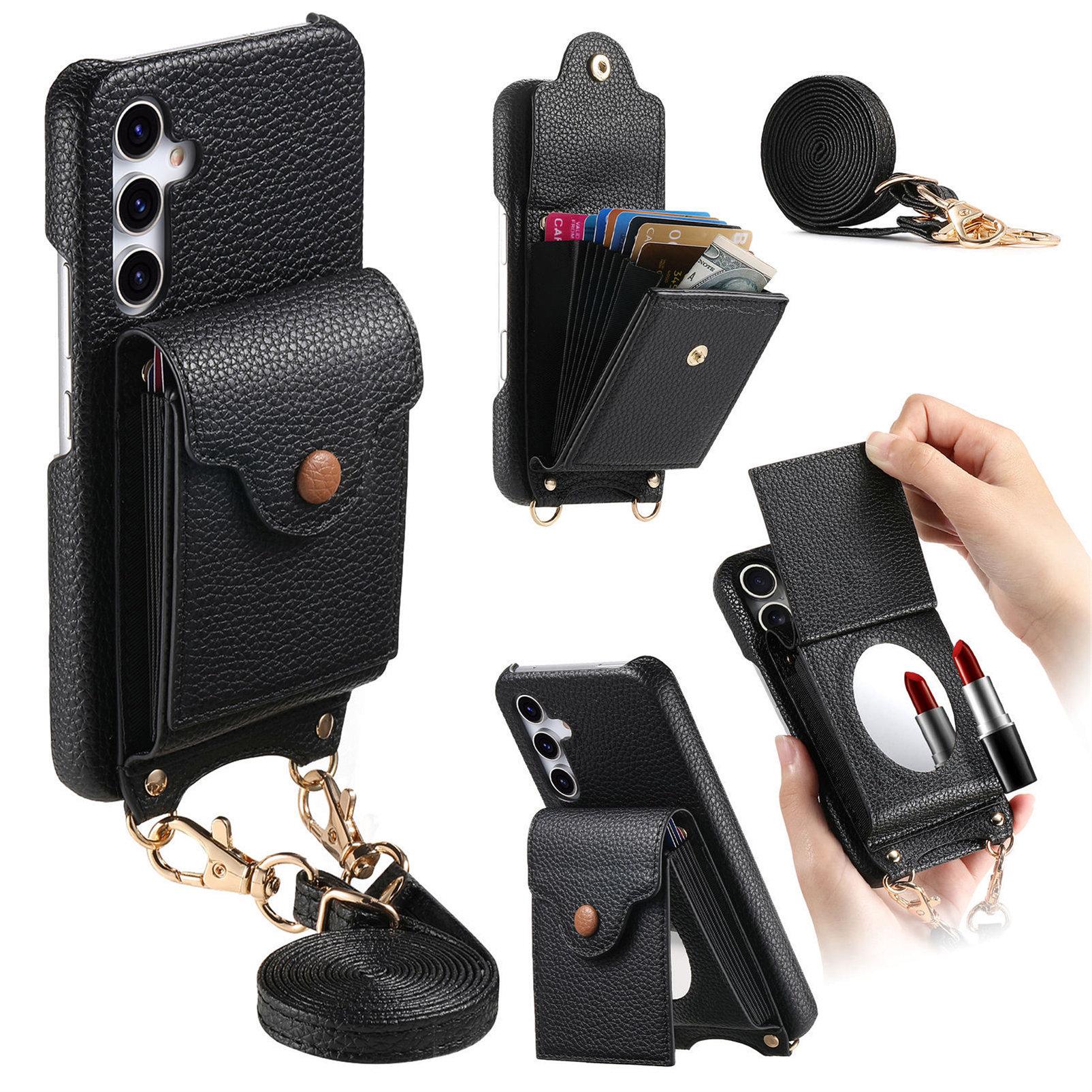 

For Samsung Galaxy A36 5G Case Mirror Card Holder Litchi Texture Leather Phone Back Cover with Long Strap Black