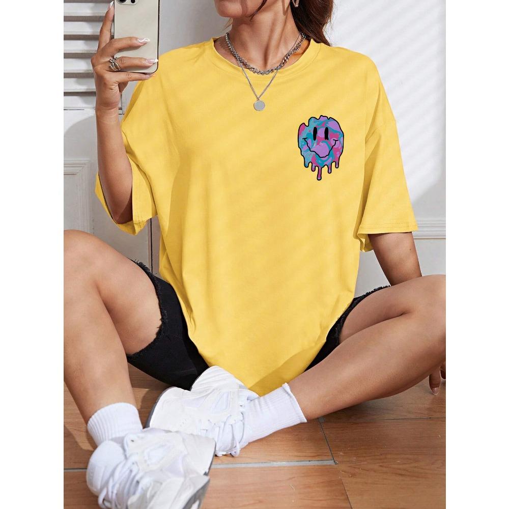 Lustiges Smiley-Gesicht Aufdruck Damen T-Shirt Street Casual T-Shirt Mode Weiche Kleidung Hip Hop Atmungsaktive T-Shirts Damen