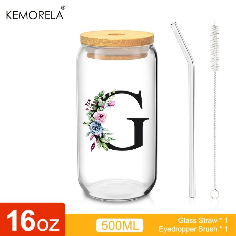 1 STÜCK 24 Buchstaben Glas Trinkbecher mit Bambusdeckel Strohhalm Individuelle Eiskaffeetasse 470ML Klares Mason Jar Bier Smoothie Cocktail