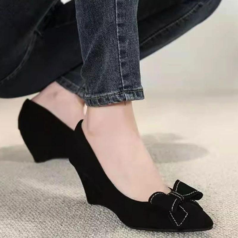 Slope Heel Single Shoes Women's Autumn New Fashion Cm Design Sense Niche Bow Single Shoes Women's Big