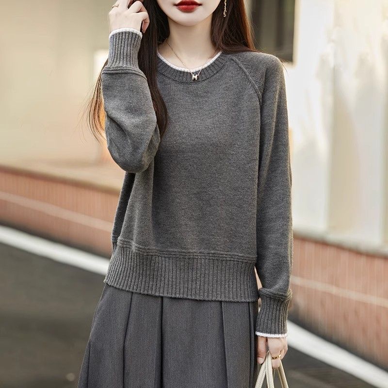 Women S Plus Size Color Block Knit Sweater Loose Crew Neck Pullover