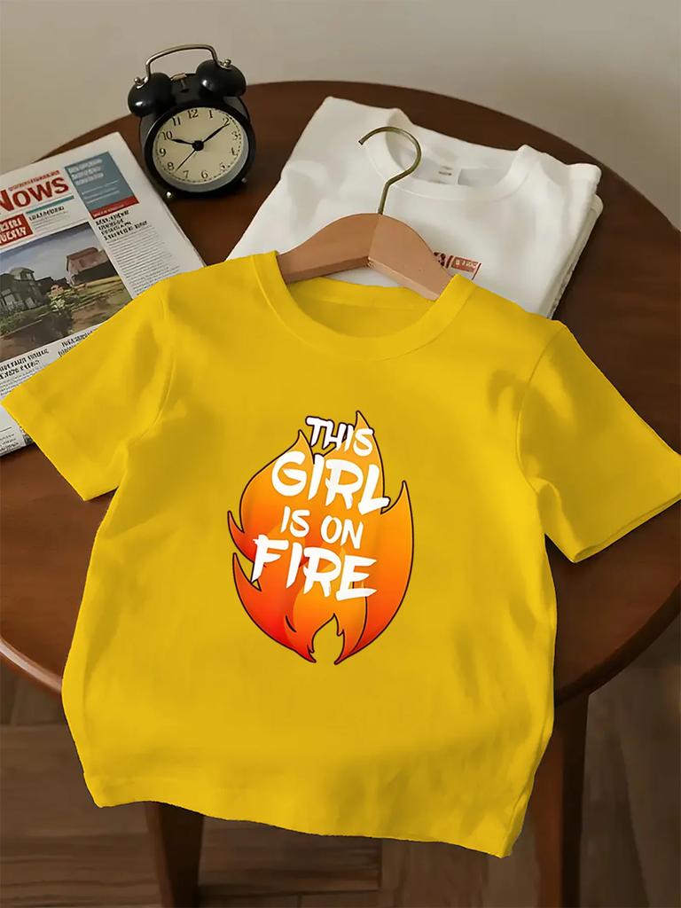 Children Yellow Casual T Shirt Cool Slogan Flame Pattern Print Breathable Short Sleeve Girls Confident Trendy Summer Top