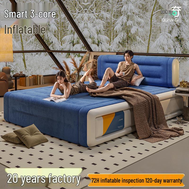 Double-Height Flocked Inflatable Bed - Foldable Single Mattress with Automatic Inflation