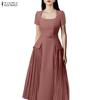 ZANZEA Women Square Collar Casual Short Sleeve Elegant Long Dress