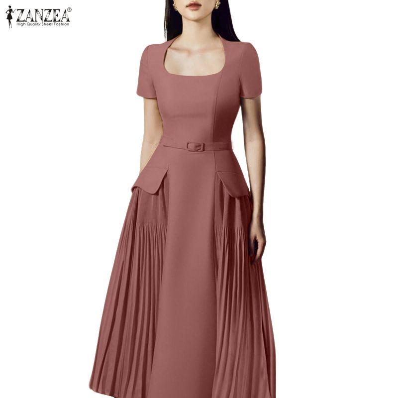 ZANZEA Women Square Collar Casual Short Sleeve Elegant Long Dress