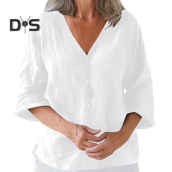 Dámská košile volného střihu s výstřihem do V a 3/4 rukávy, letní top se zapínáním na knoflíky, jednobarevné ležérní tričko pro každodenní nošení