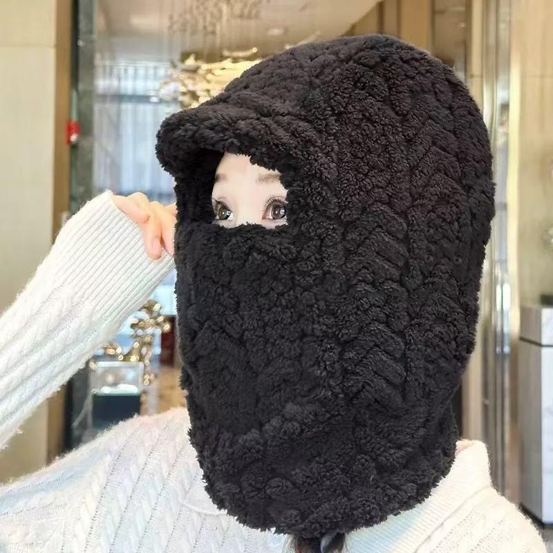 Knitted hat scarf mask integrated hat women's winter cycling windproof plush warm wool hat