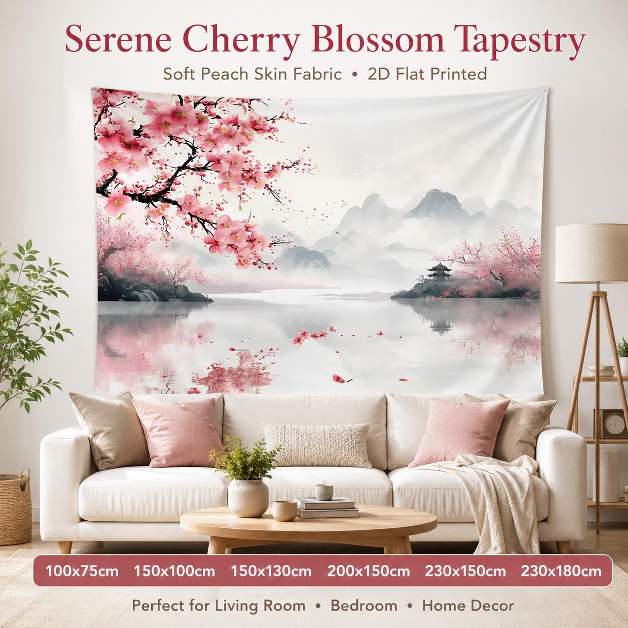Textilien Unisex Peach Serene Japanese Zen Cherry Blossom Tapestry Skin 2D Flat Printed Sakura Flower Mountain Lake Wall Hanging For Living Room
