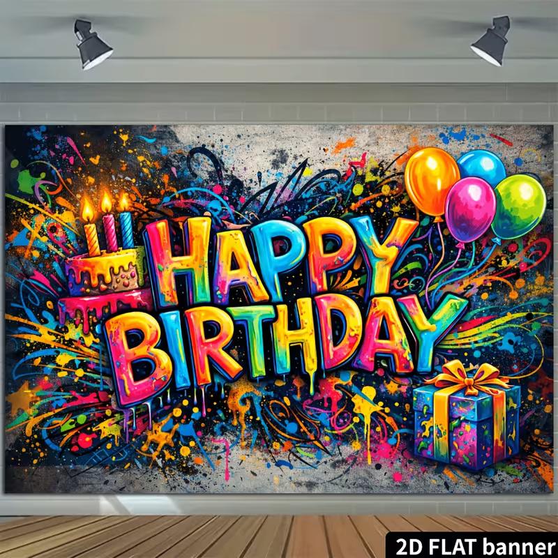 Fondo de Cumpleaños Feliz Graffiti 2D Banner de Fotografía con Salpicadura de Color Vibrante