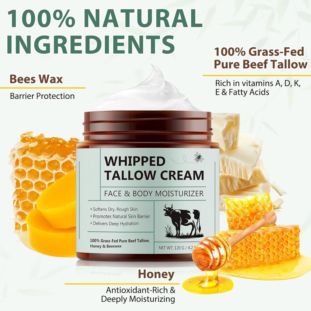 WHLH & WELL-BEING Beef Tallow for Skin, Beef Tallow and Honey Balm, All-Natural Ingredient Moisturizer for Face & Body Skin Care 1Pack