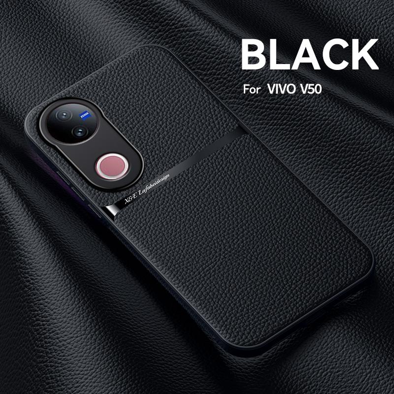 For VIVO V50 Leather Texture Built-in Magnetic TPU Soft Edge Anti-drop Anti-fingerprint Phone Case