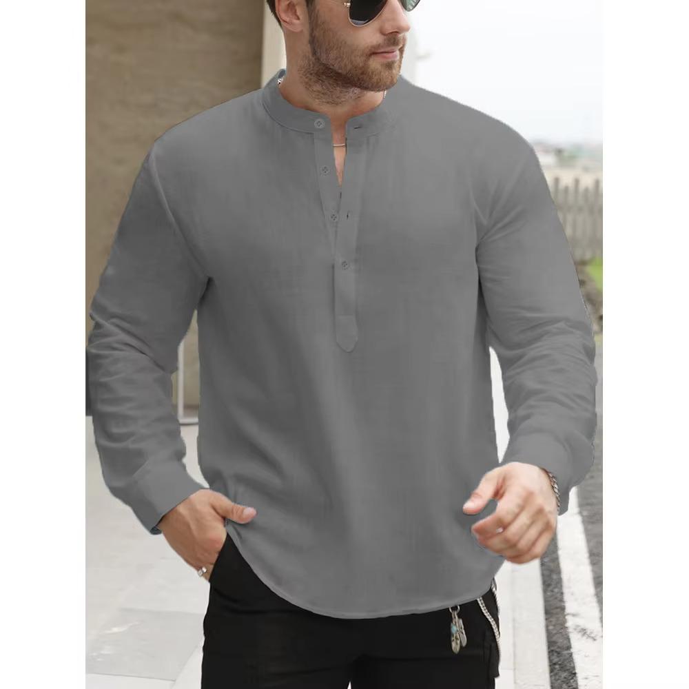Prémiová bílá bavlněná lněná henley trička pro muže Lehká s dlouhým rukávem Ležérní streetwear pro každodenní nošení