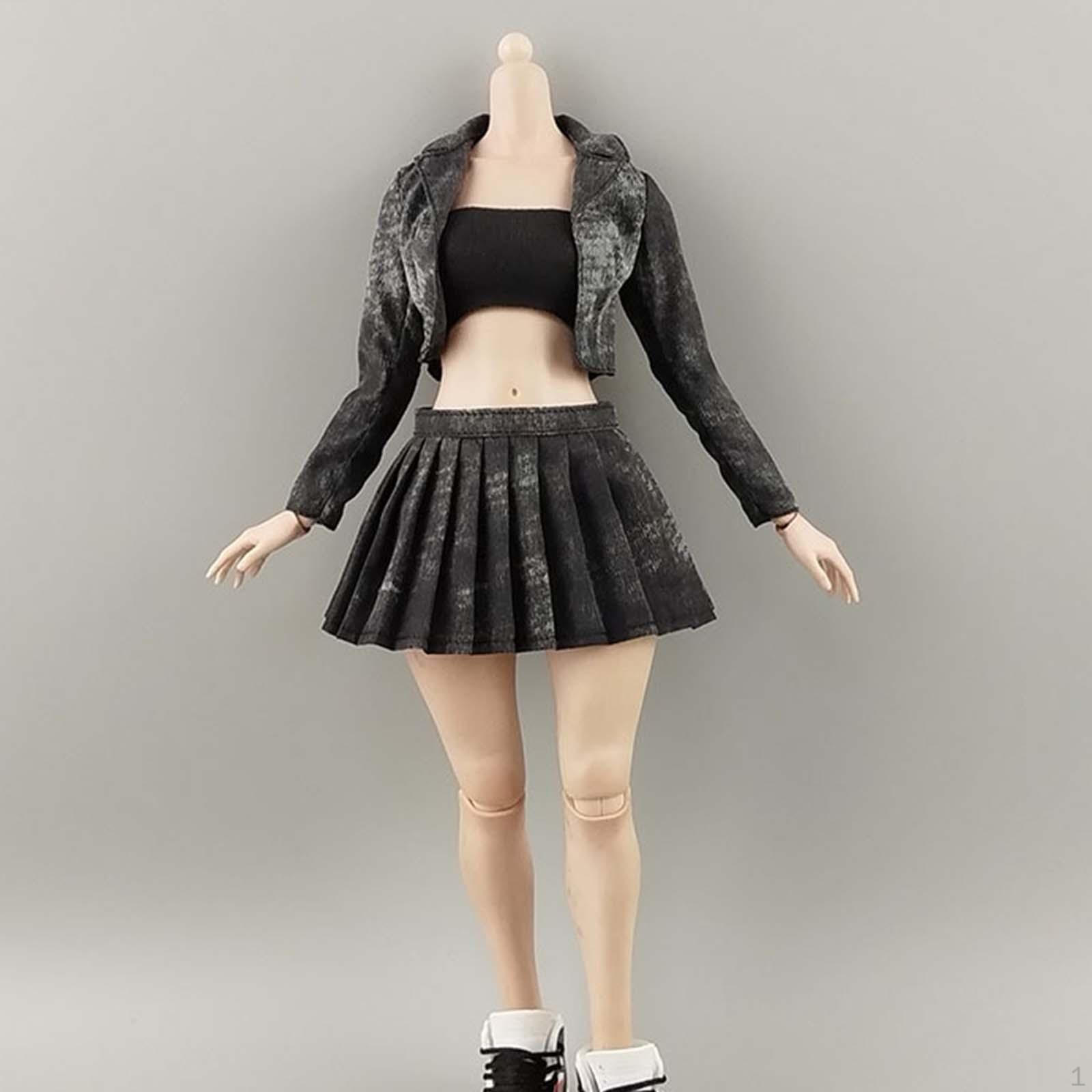 

1/6 Scale Short Jacket Pleated Skirt Set for Female Action Figure DIY Outfit Soft Dress up Black Gray