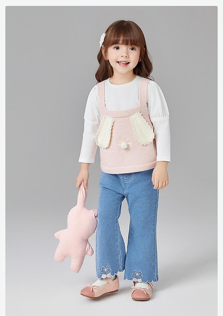 [Rabbit Ear Knitted Tank Top+Simple Long Sleeve] 25 Spring Children's Versatile Two piece Set for Infants and Girls