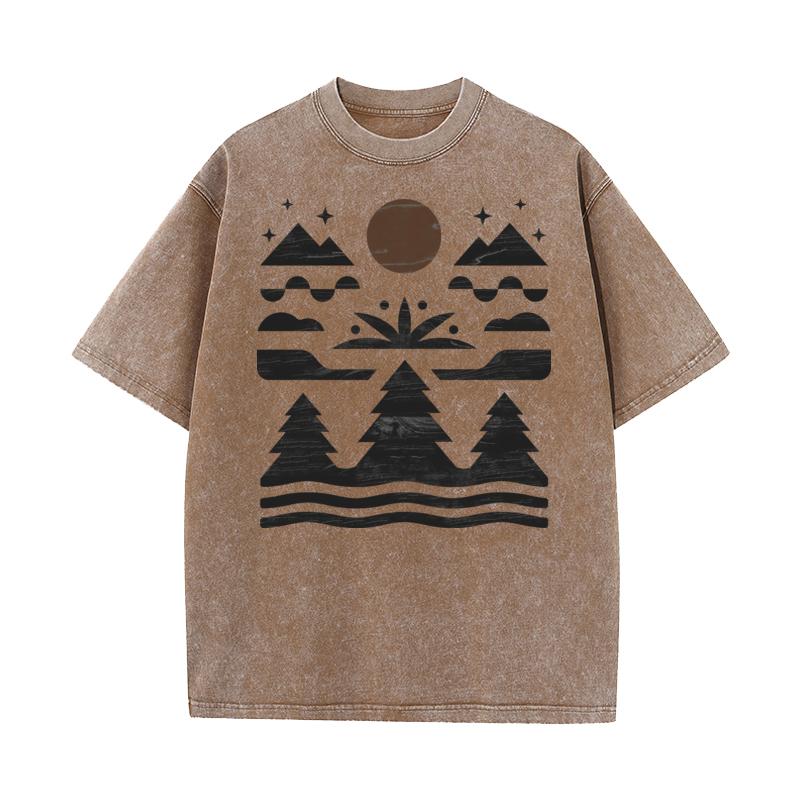 Mountain Outdoors Tree Washed T Shirt Leisure Discount Round Collar All Cotton Tops Tees Washed Tshirts for Women Father Day