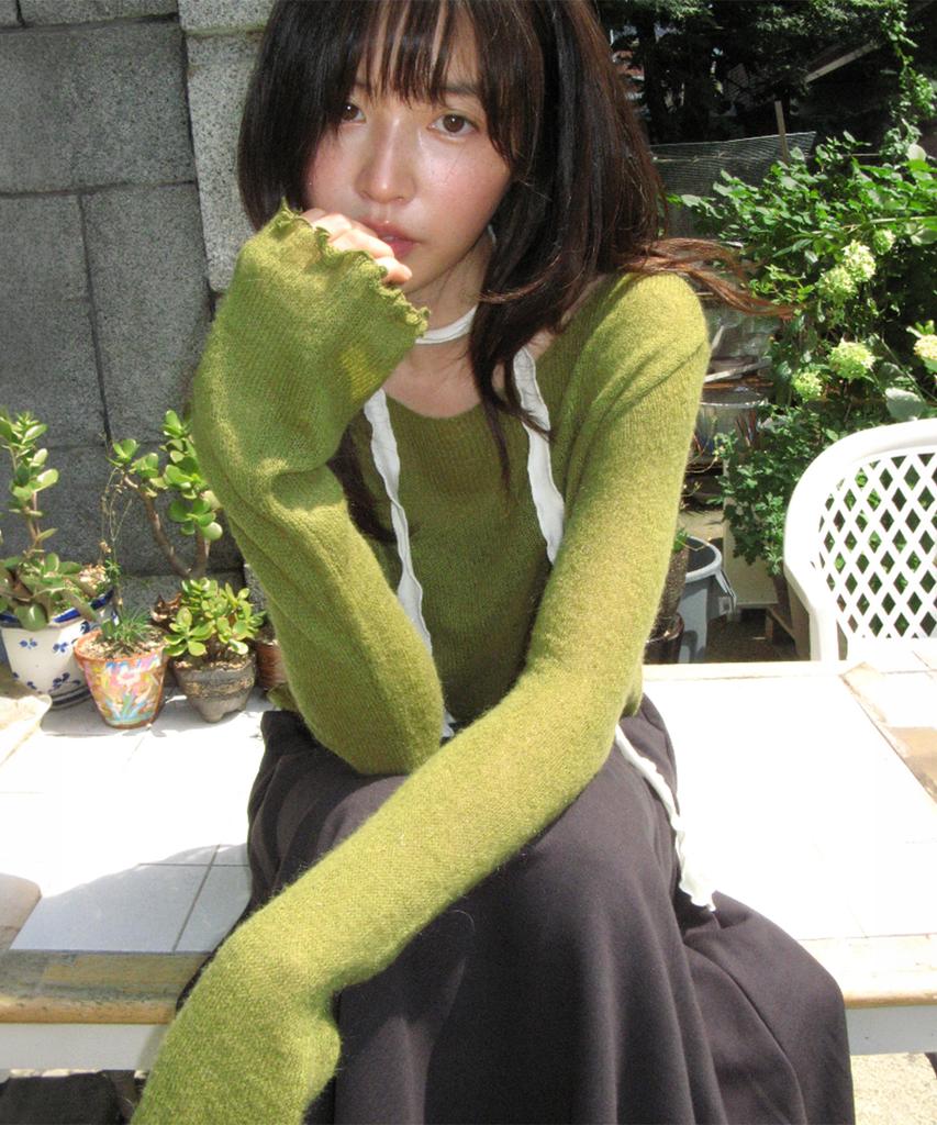 RONRON Sheer Wavy Boat Neck Knit Olive