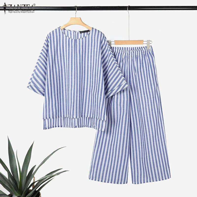 ZANZEA Women 3/4 Sleeve Blouse and Pants Summer Stripe Two Piece Suit Sets